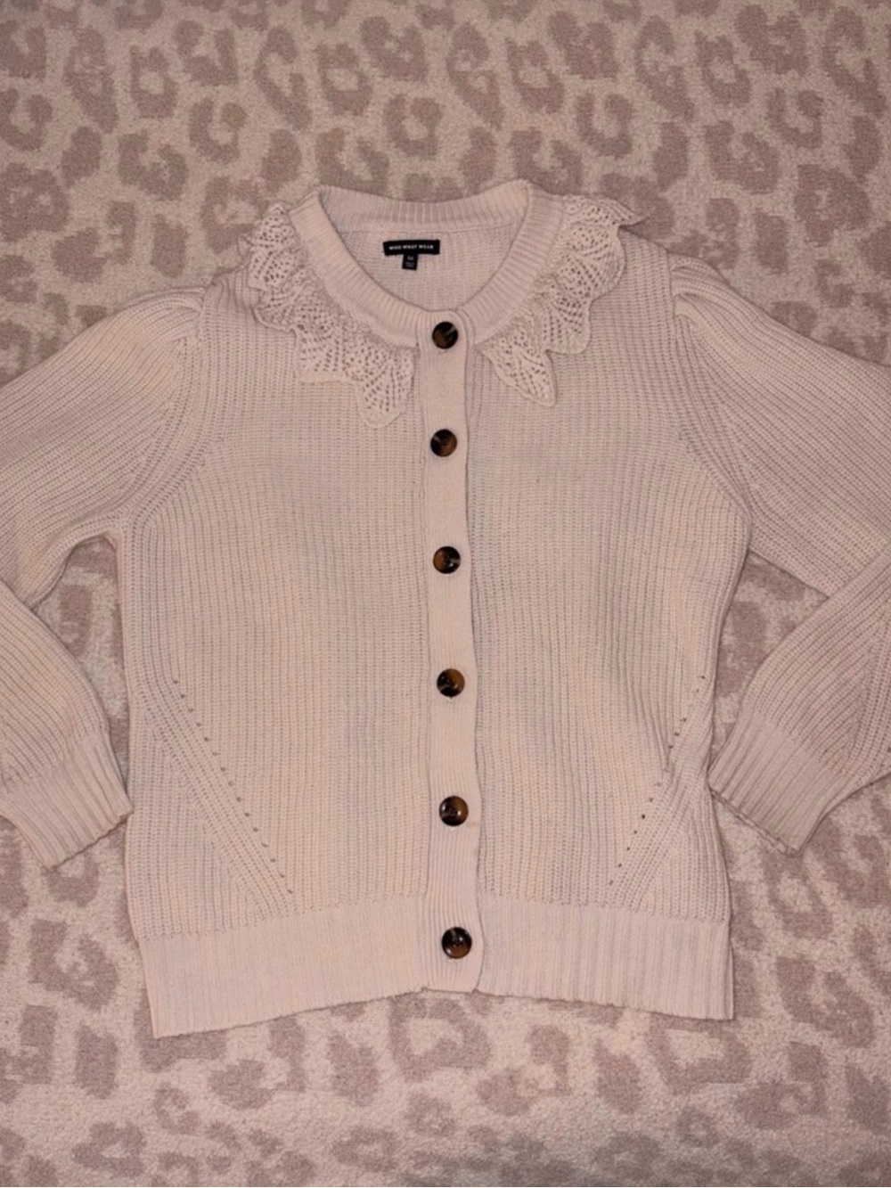 Who What Wear Cream Crochet Collar Cardigan Medium Cottagecore Grandpa Chic - Picture 2 of 5